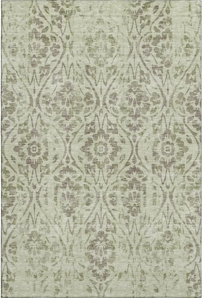 Artichoke Green And Beige Floral Washable Area Rug With UV Protection Photo 1