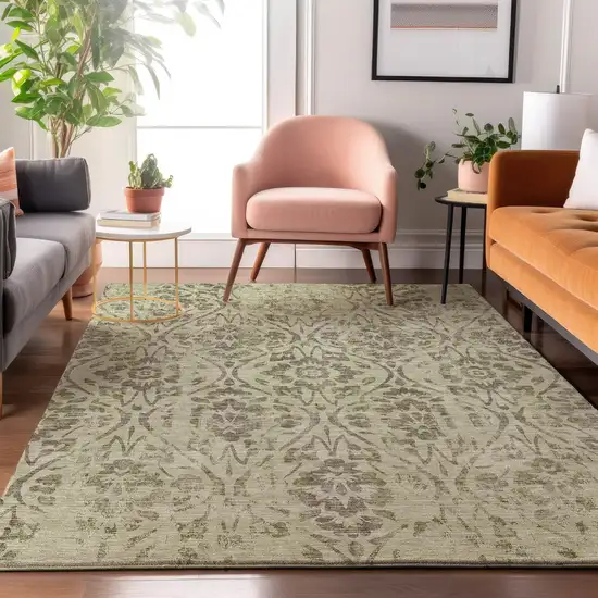 Artichoke Green And Beige Floral Washable Area Rug With UV Protection Photo 5