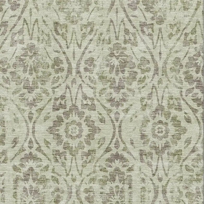 Artichoke Green And Beige Floral Washable Area Rug With UV Protection Photo 3