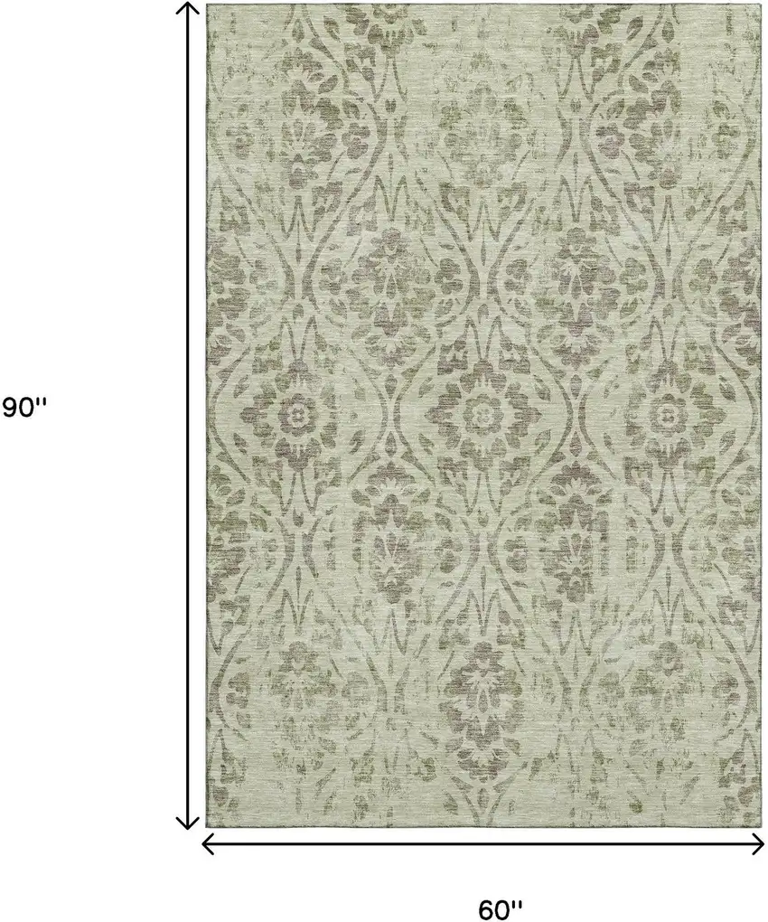 Artichoke Green And Beige Floral Washable Area Rug With UV Protection Photo 9