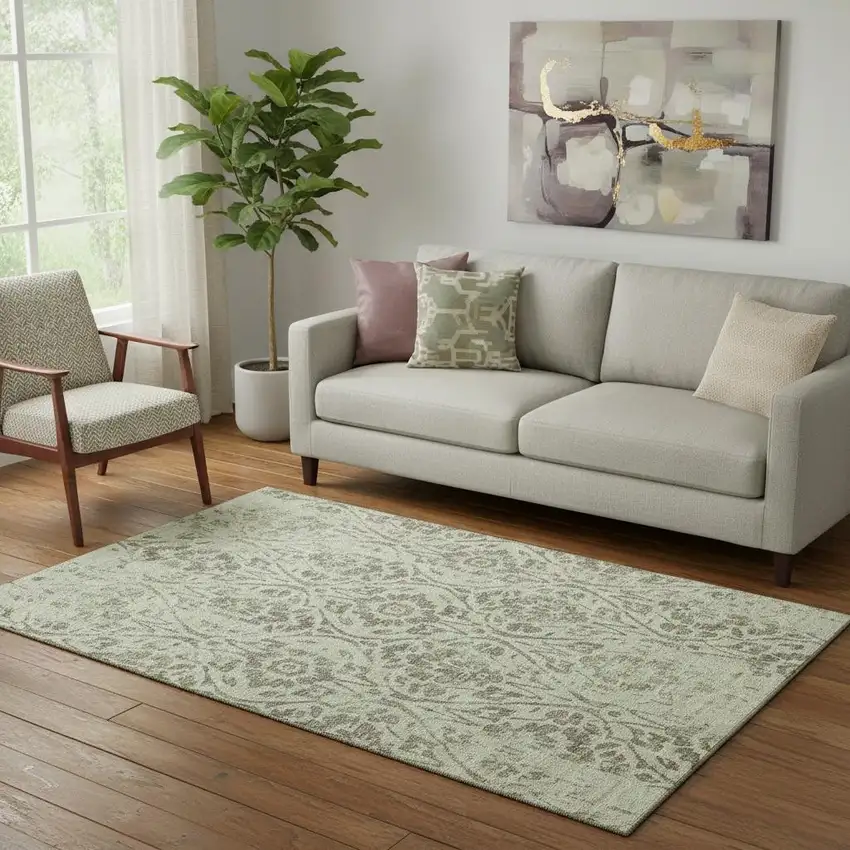 Artichoke Green And Beige Floral Washable Area Rug With UV Protection Photo 1