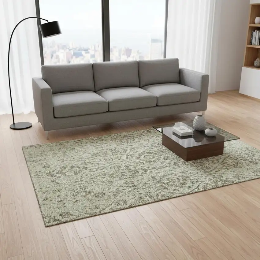 Artichoke Green And Beige Floral Washable Area Rug With UV Protection Photo 2