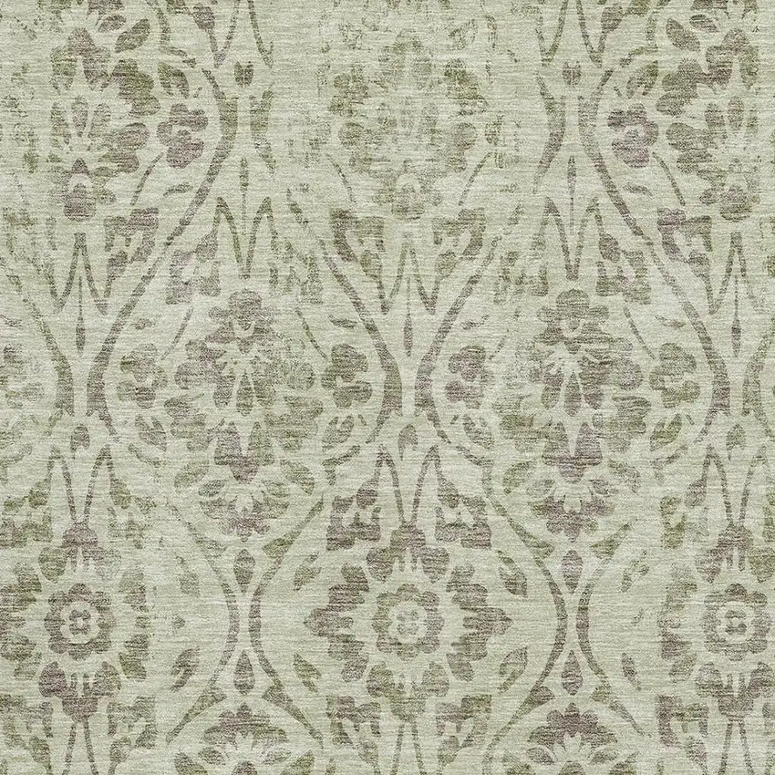 Artichoke Green And Beige Floral Washable Area Rug With UV Protection Photo 3