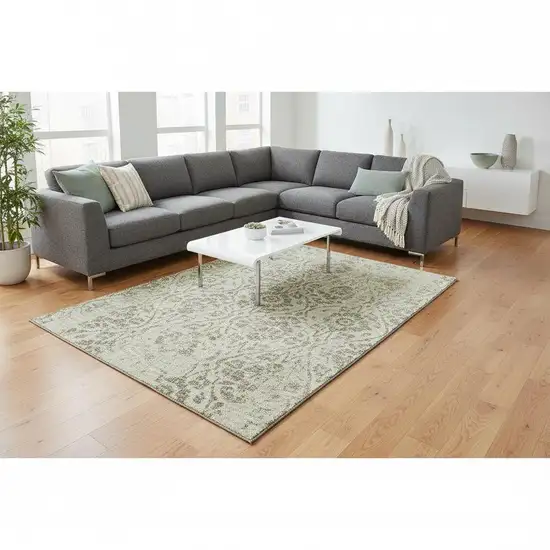 Artichoke Green And Beige Floral Washable Area Rug With UV Protection Photo 2