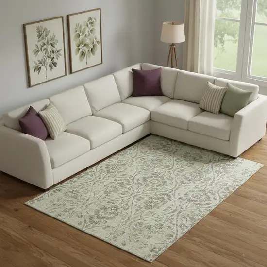 Artichoke Green And Beige Floral Washable Area Rug With UV Protection Photo 1