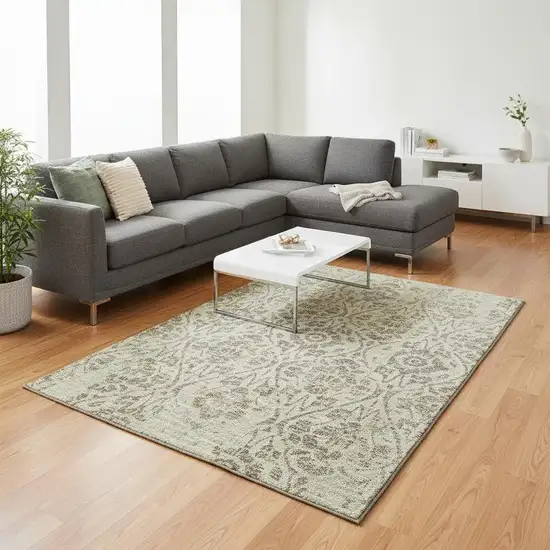 Artichoke Green And Beige Floral Washable Area Rug With UV Protection Photo 2