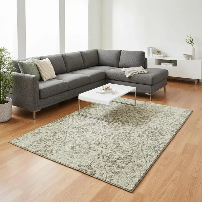 Artichoke Green And Beige Floral Washable Area Rug With UV Protection Photo 2