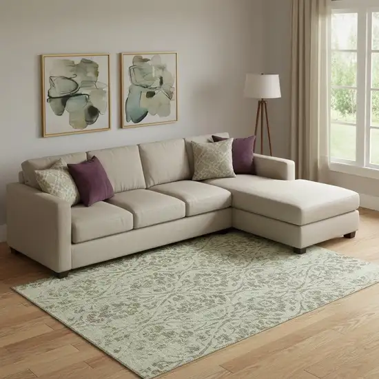 Artichoke Green And Beige Floral Washable Area Rug With UV Protection Photo 1