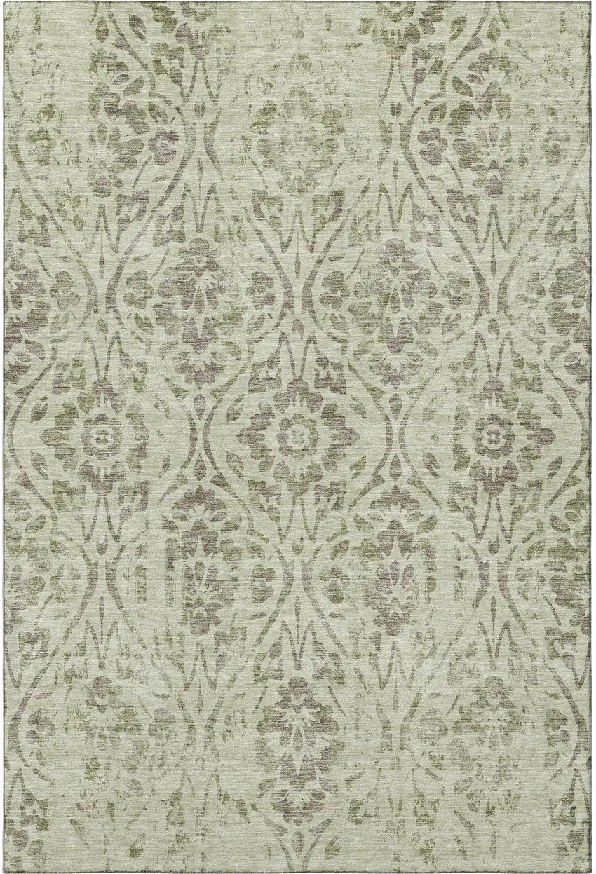 Artichoke Green And Beige Floral Washable Area Rug With UV Protection Photo 3