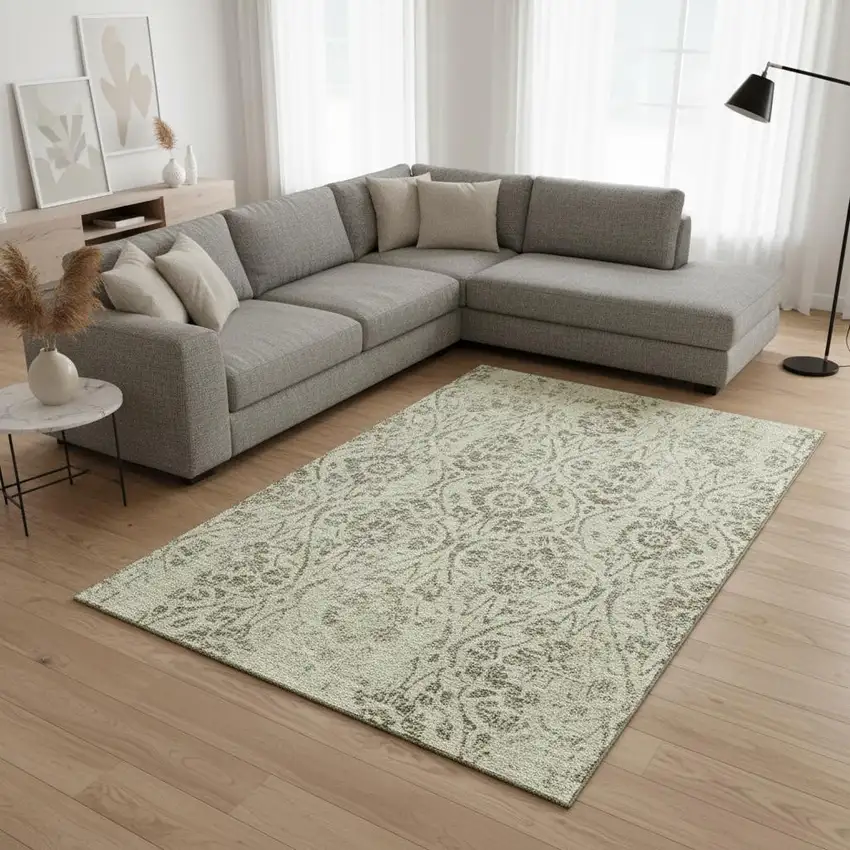 Artichoke Green And Beige Floral Washable Area Rug With UV Protection Photo 2