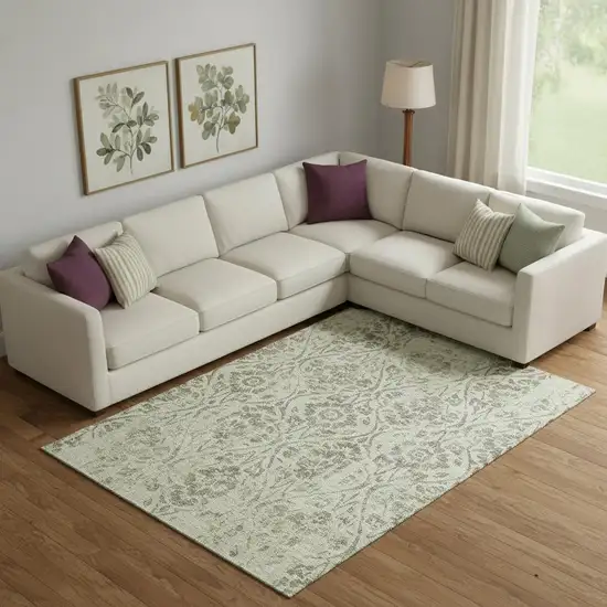 Artichoke Green And Beige Floral Washable Area Rug With UV Protection Photo 1