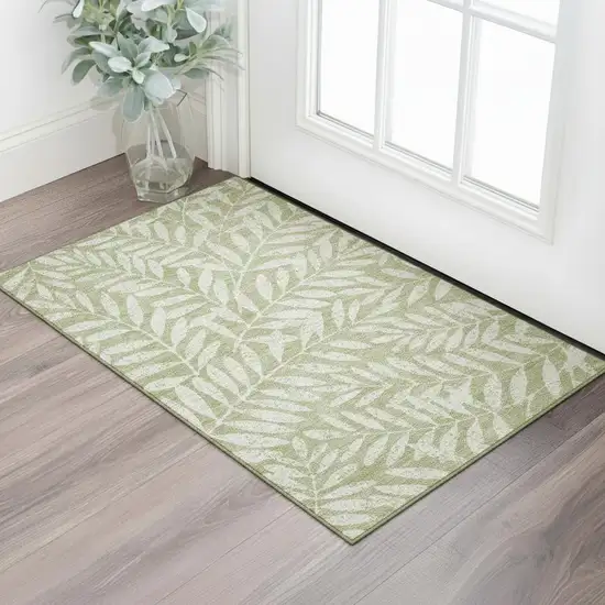 Artichoke Green And Beige Floral Washable Area Rug With UV Protection Photo 1
