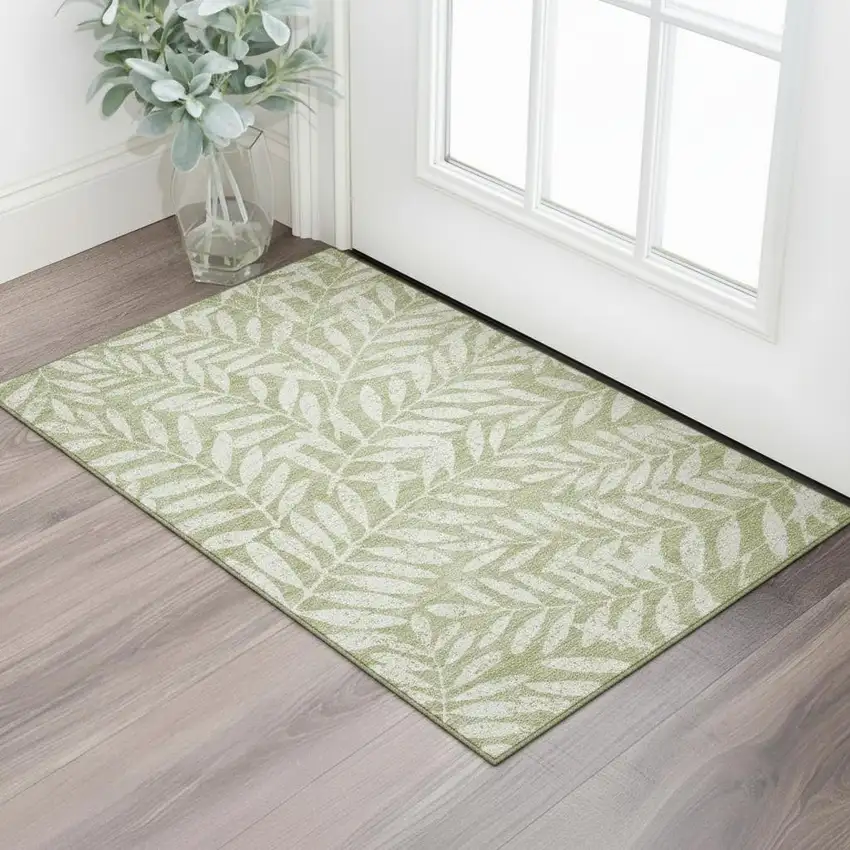 Artichoke Green And Beige Floral Washable Area Rug With UV Protection Photo 1