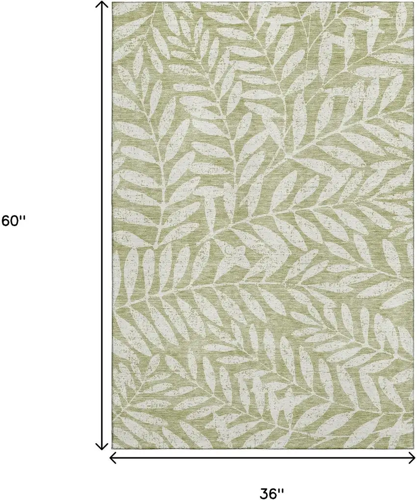 Artichoke Green And Beige Floral Washable Area Rug With UV Protection Photo 3