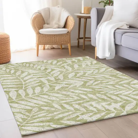 Artichoke Green And Beige Floral Washable Area Rug With UV Protection Photo 5