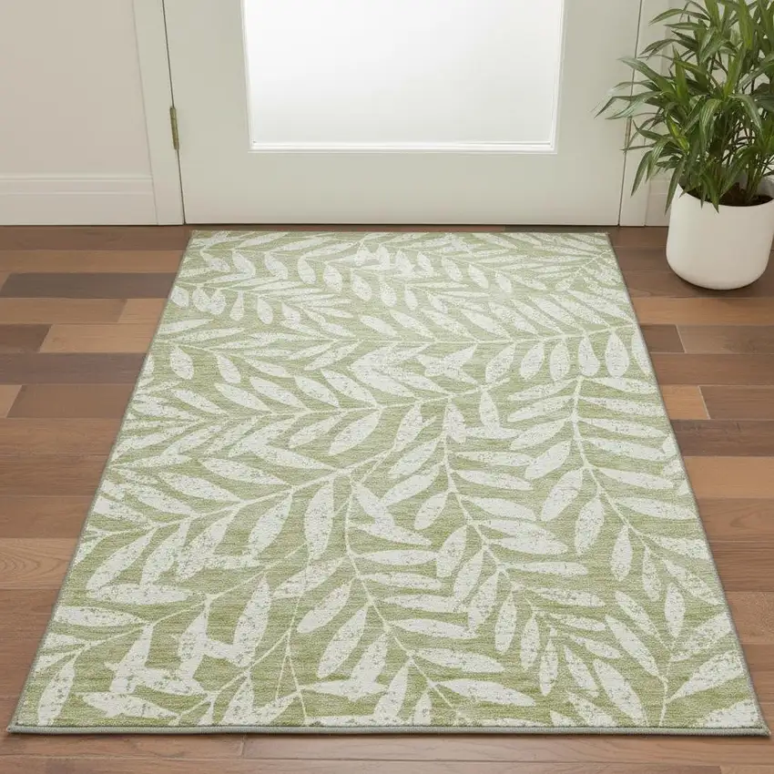 Artichoke Green And Beige Floral Washable Area Rug With UV Protection Photo 2