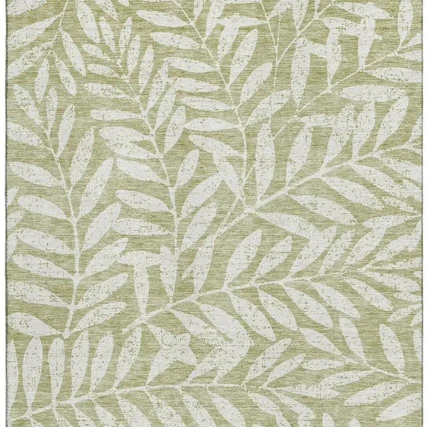 Artichoke Green And Beige Floral Washable Area Rug With UV Protection Photo 3