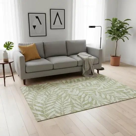 Artichoke Green And Beige Floral Washable Area Rug With UV Protection Photo 2