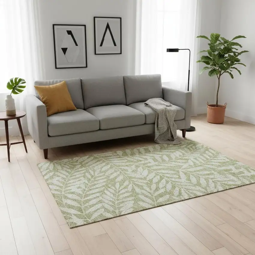 Artichoke Green And Beige Floral Washable Area Rug With UV Protection Photo 2