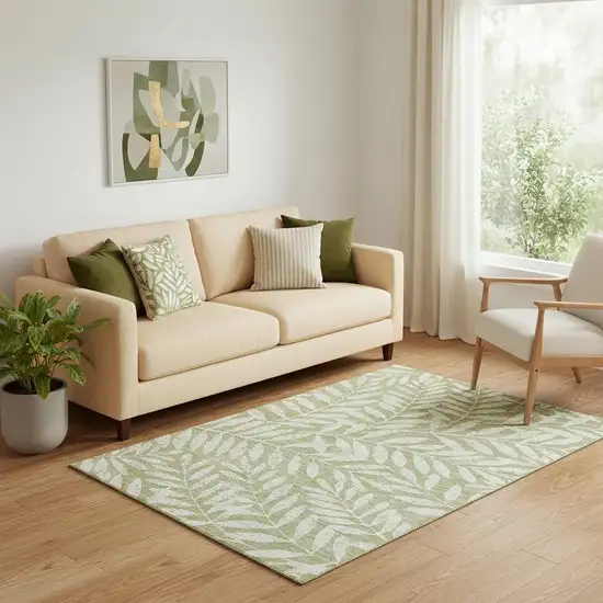 Artichoke Green And Beige Floral Washable Area Rug With UV Protection Photo 1