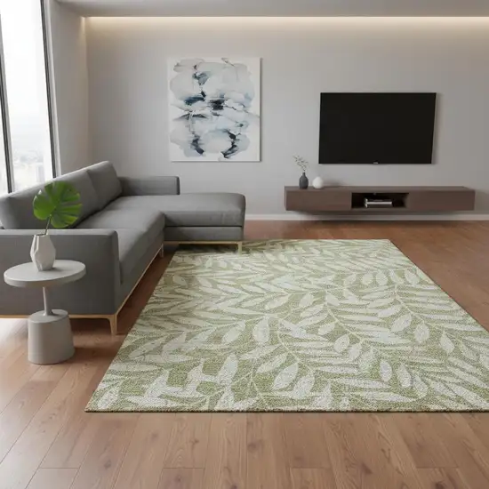 Artichoke Green And Beige Floral Washable Area Rug With UV Protection Photo 2