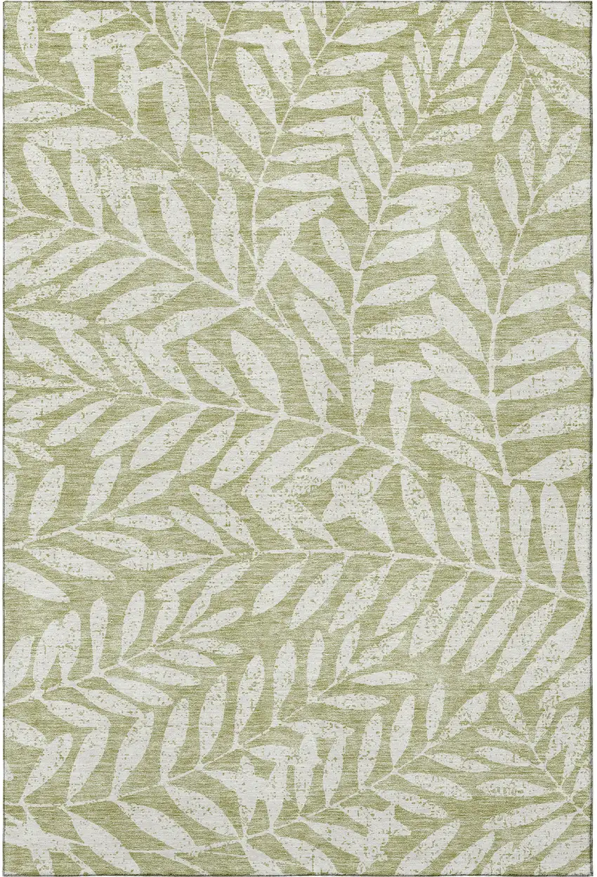 Artichoke Green And Beige Floral Washable Area Rug With UV Protection Photo 4