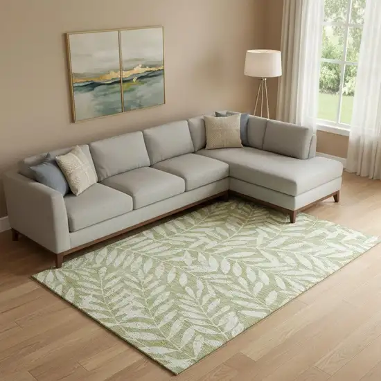 Artichoke Green And Beige Floral Washable Area Rug With UV Protection Photo 1