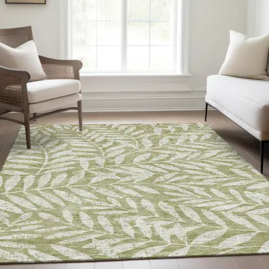 Artichoke Green And Beige Floral Washable Area Rug With UV Protection Photo 6