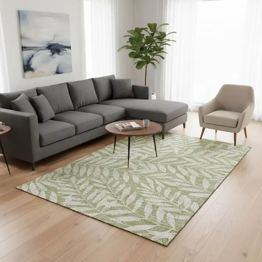 Artichoke Green And Beige Floral Washable Area Rug With UV Protection Photo 2