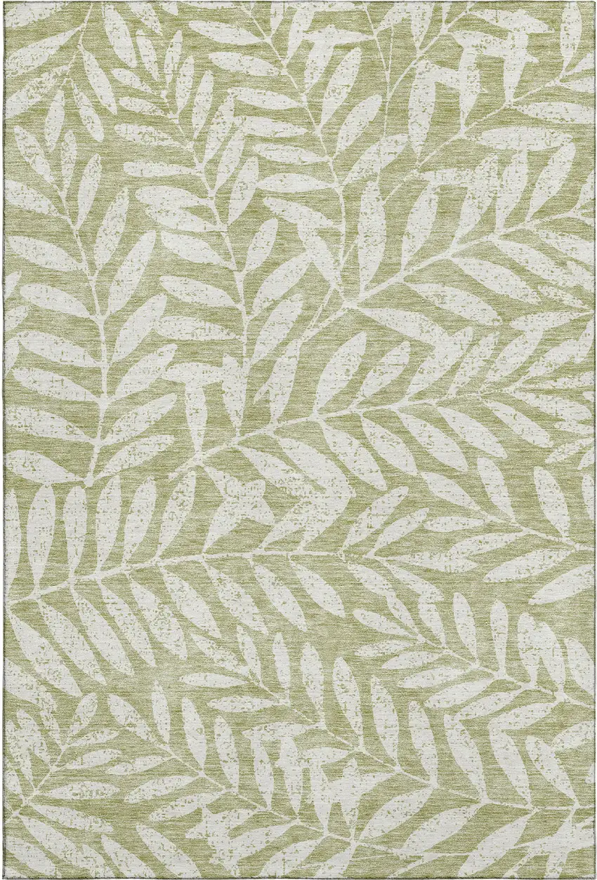 Artichoke Green And Beige Floral Washable Area Rug With UV Protection Photo 1