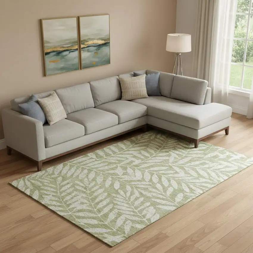 Artichoke Green And Beige Floral Washable Area Rug With UV Protection Photo 1