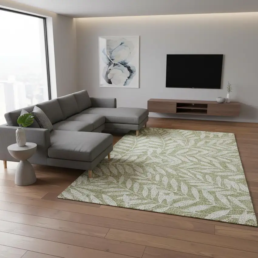 Artichoke Green And Beige Floral Washable Area Rug With UV Protection Photo 2