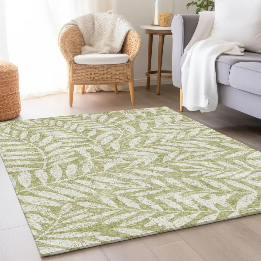 Artichoke Green And Beige Floral Washable Area Rug With UV Protection Photo 4