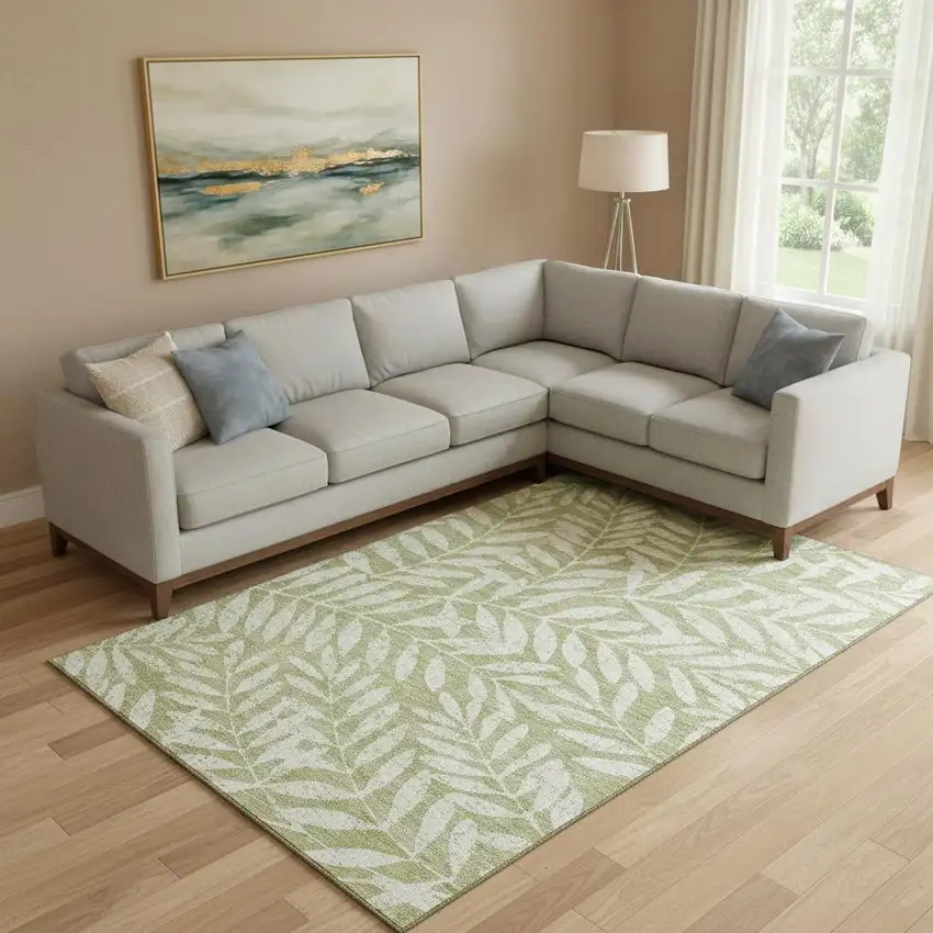Artichoke Green And Beige Floral Washable Area Rug With UV Protection Photo 1