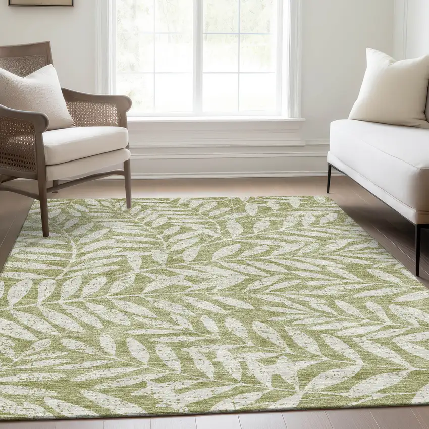 Artichoke Green And Beige Floral Washable Area Rug With UV Protection Photo 5