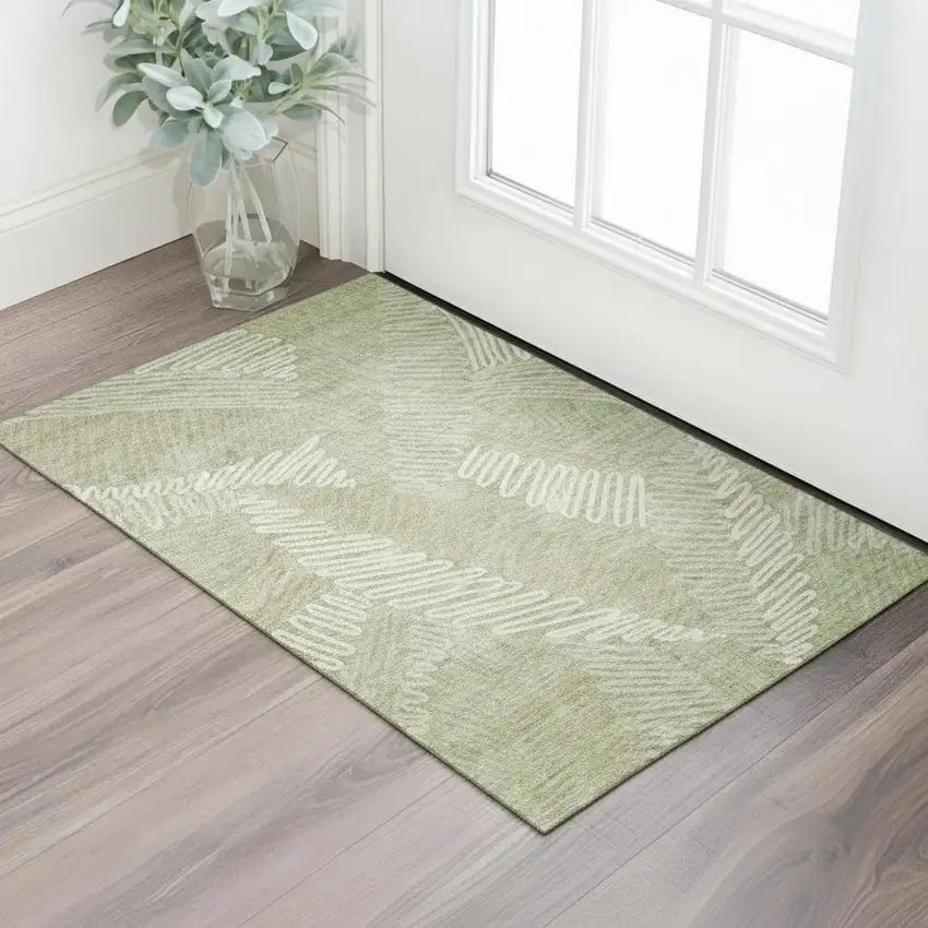 Artichoke Green And Beige Floral Washable Area Rug With UV Protection Photo 1