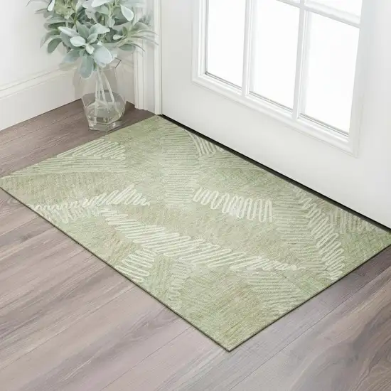 Artichoke Green And Beige Floral Washable Area Rug With UV Protection Photo 1