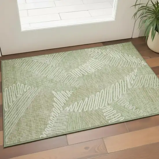 Artichoke Green And Beige Floral Washable Area Rug With UV Protection Photo 2