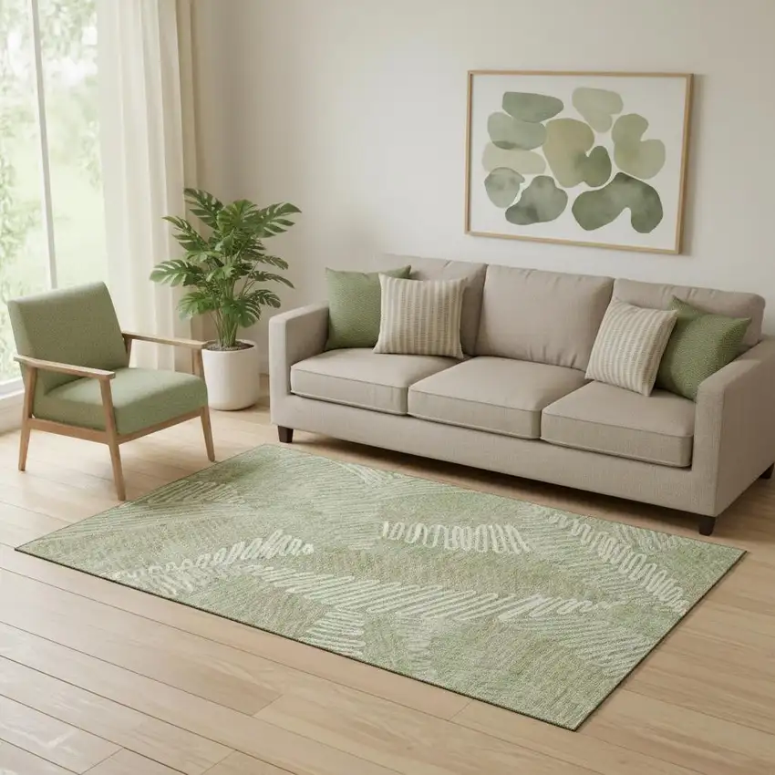 Artichoke Green And Beige Floral Washable Area Rug With UV Protection Photo 1