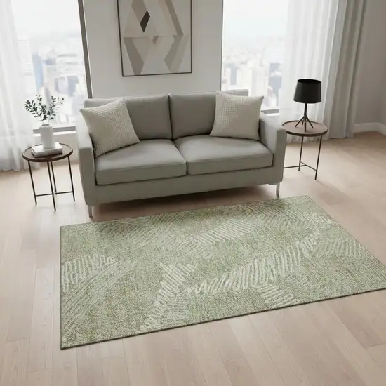 Artichoke Green And Beige Floral Washable Area Rug With UV Protection Photo 2