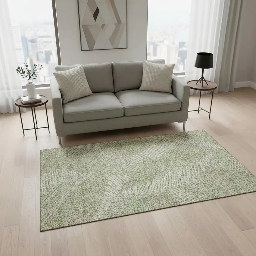 Artichoke Green And Beige Floral Washable Area Rug With UV Protection Photo 2