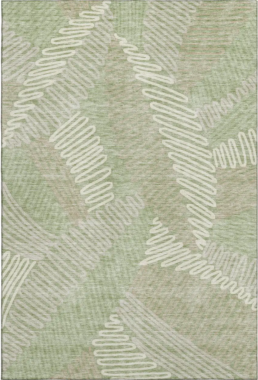 Artichoke Green And Beige Floral Washable Area Rug With UV Protection Photo 1