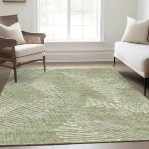 Photo of Artichoke Green And Beige Floral Washable Area Rug With UV Protection
