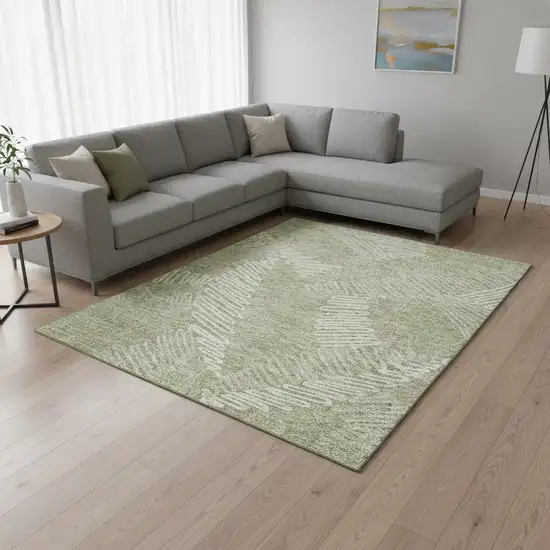Artichoke Green And Beige Floral Washable Area Rug With UV Protection Photo 2