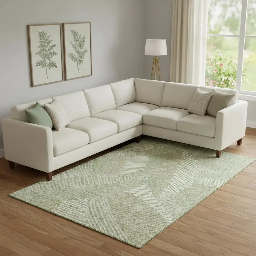 Artichoke Green And Beige Floral Washable Area Rug With UV Protection Photo 1