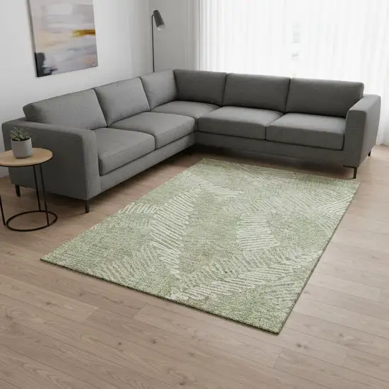 Artichoke Green And Beige Floral Washable Area Rug With UV Protection Photo 2