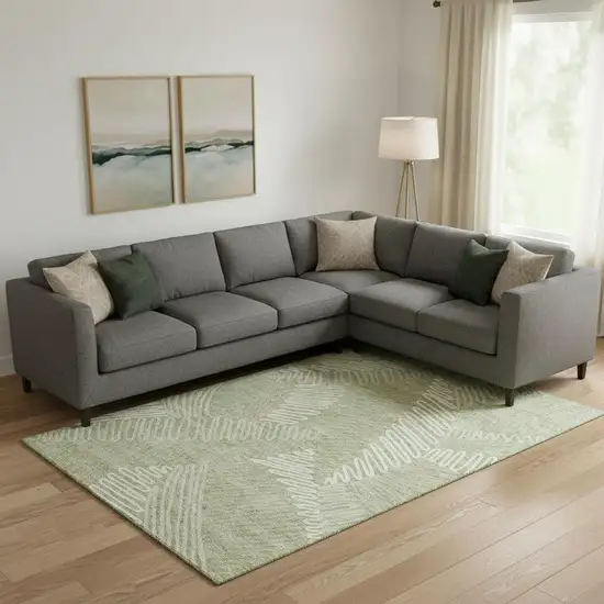 Artichoke Green And Beige Floral Washable Area Rug With UV Protection Photo 1