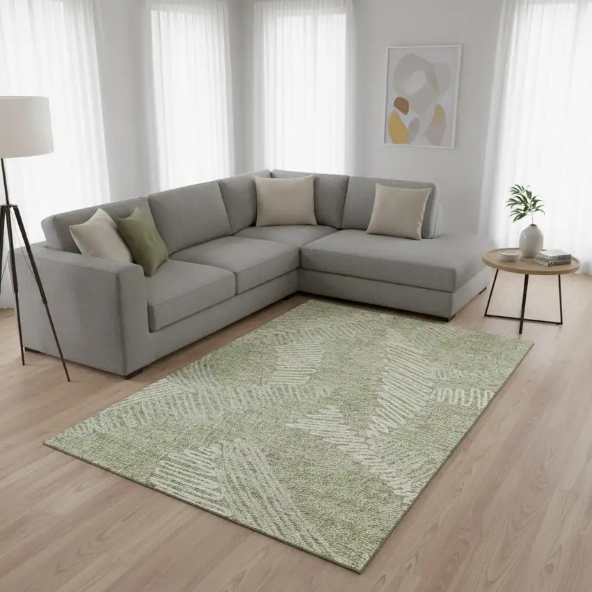 Artichoke Green And Beige Floral Washable Area Rug With UV Protection Photo 2