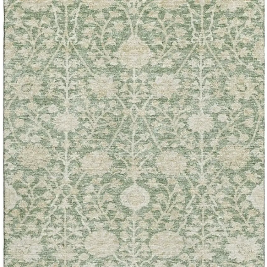 Artichoke Green And Beige Floral Washable Area Rug With UV Protection Photo 2