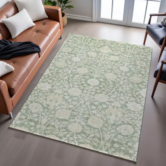 Artichoke Green And Beige Floral Washable Area Rug With UV Protection Photo 5